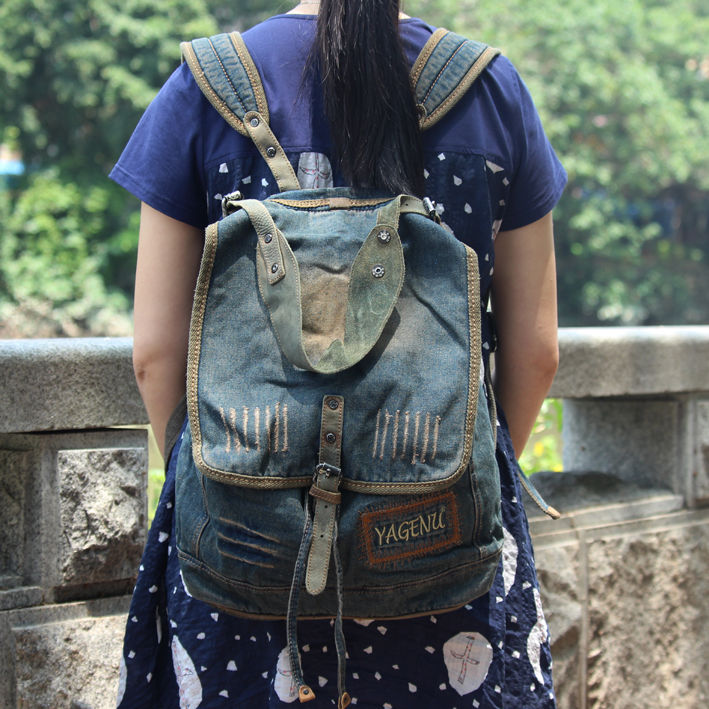 New denim bag women's bag dual-use backpack shoulder bag student school bag Korean version backpack retro casual travel bag