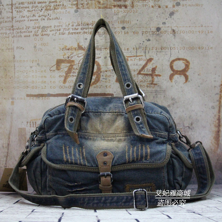 2019 new women's bag retro denim bag hand bag Korean version rivet badge men's bag hand-held messenger shoulder bag tide