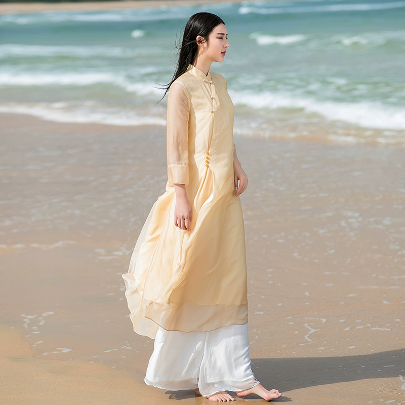 Phong cách quốc gia Trung Quốc cải tiến Hanfu nữ sườn xám đầm voan mùa hè khóa văn học retro Zen Zen dịch vụ trà - Váy eo cao