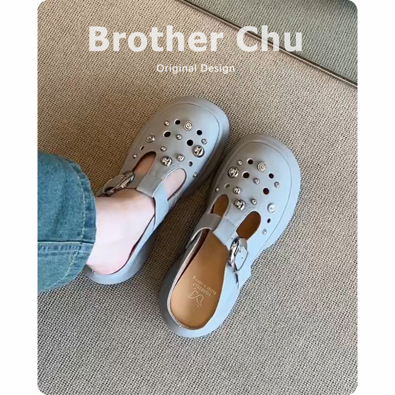 Cowhide ~ Women's Genuine Leather Thick-Soled Studded Clogs Trendy Perforated Shoes Summer Slip-On Mules Sandals
