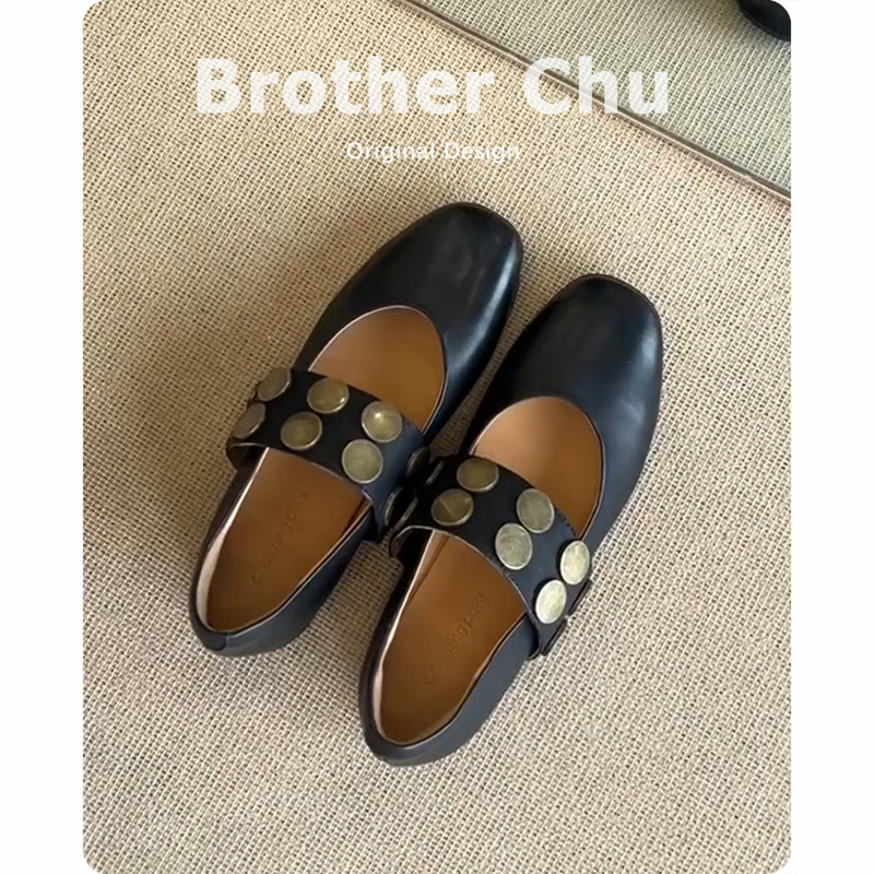 Sheepskin~French-Style Flat Shoes for Women, Summer 2026 New Genuine Leather Studded Strap Casual Retro Mary Jane Shoes