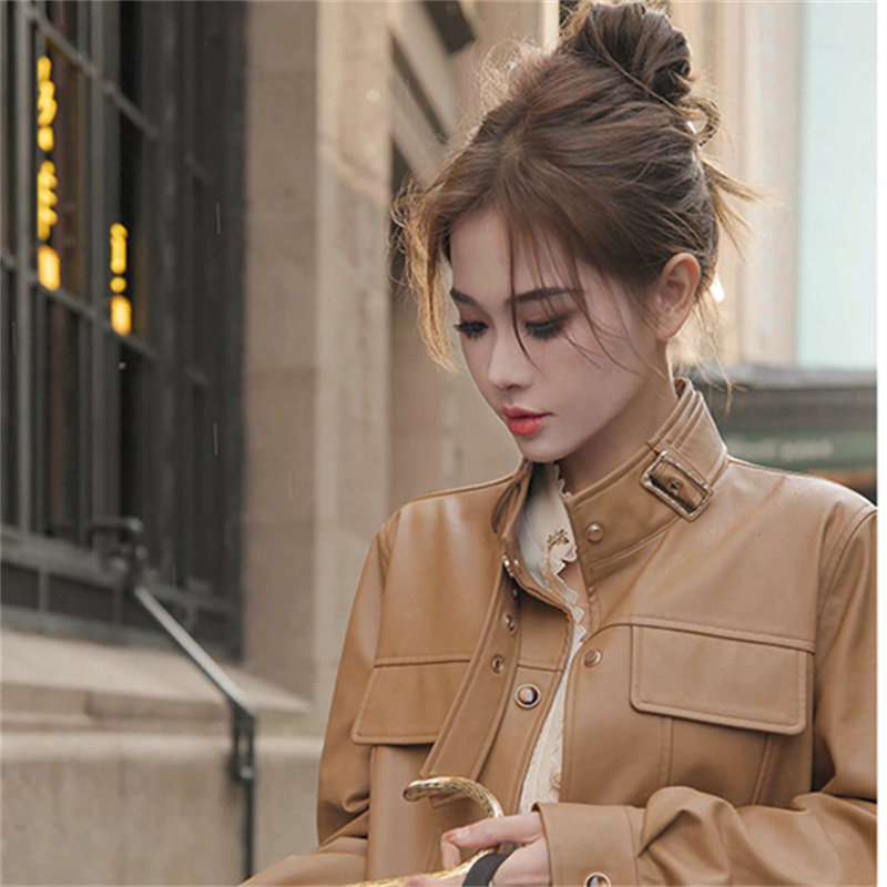 秋装气质港味复古风立领长袖皮衣女百搭短款外套时尚小众减龄开衫