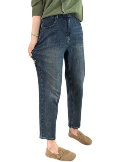 大码女装秋冬加绒高腰哈伦牛仔裤梨型身材胖mm显瘦弹力直筒老爹裤