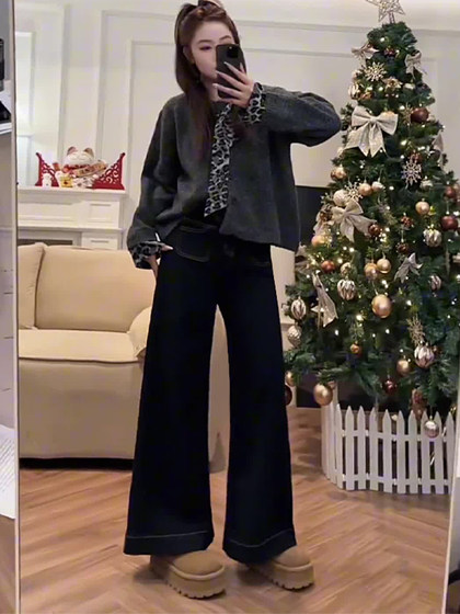 深蓝色牛仔裤女春季新款大码胖mm梨形身材宽松高腰显瘦直筒阔腿裤