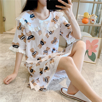 Days Ins Wind Little Bear Sleeping Skirt Woman Summer Pure Cotton Short Sleeve Cute Cartoon Thin Loose Princess Full Cotton Pyjamas