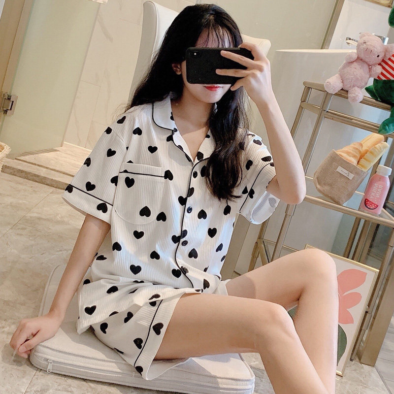 Japanese ins young ladies pajamas short-sleeved love sweet girls summer thin section student summer home service suit