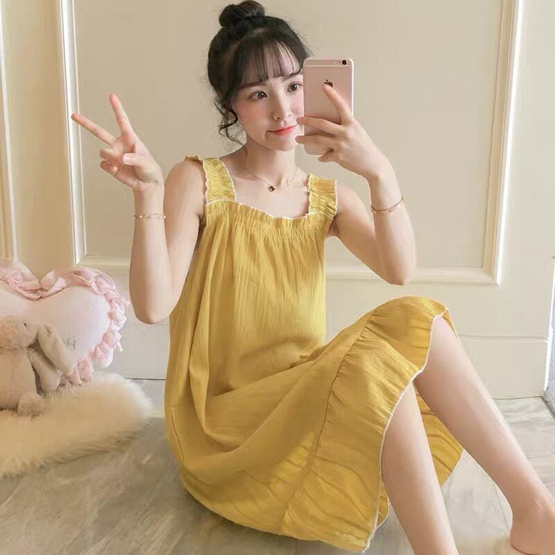 Summer Ins Fairy Wind Pure Cotton Harnesses Sleeping Skirts women Summer Korean version Fresh sweet and loose Thin Princess Pyjamas