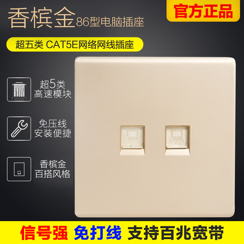 Type 86 Champagne Golden Double Mouth Internet Socket Panel Broadband Network Road Module Switch Socket panel Two computers