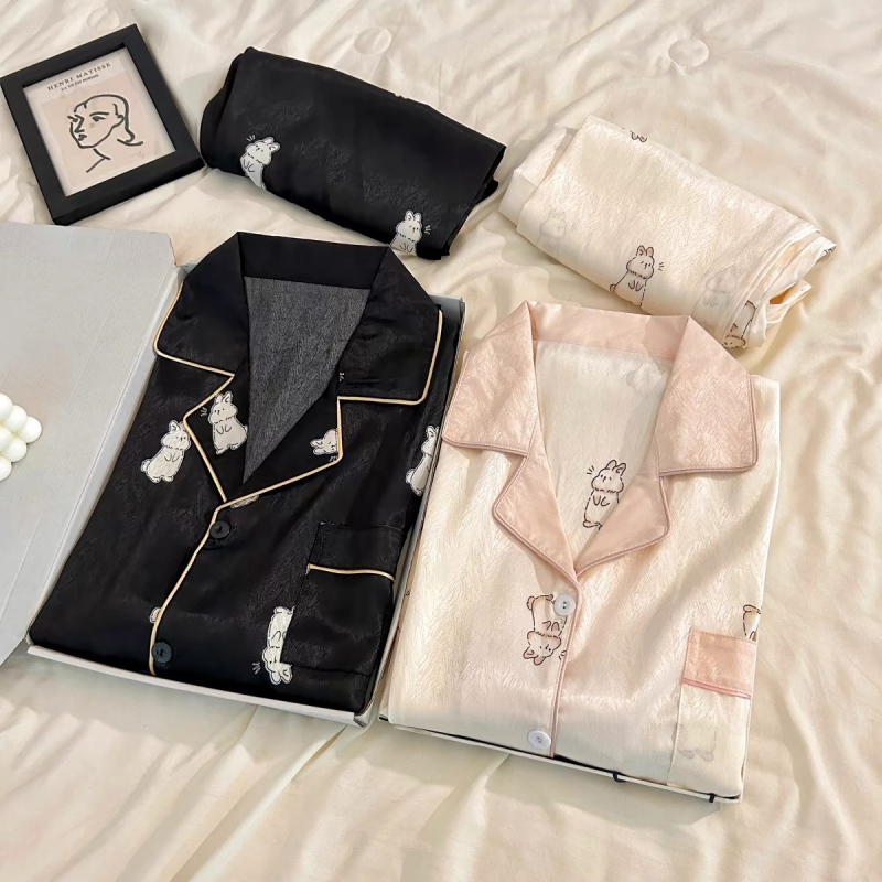 Couple Pajamas Milk Rabbit Men and Women Short-Sleeved Long-Sleeved Long Pants Summer Cool Ice Silk Loose Couple Home Wear Two-Piece Set