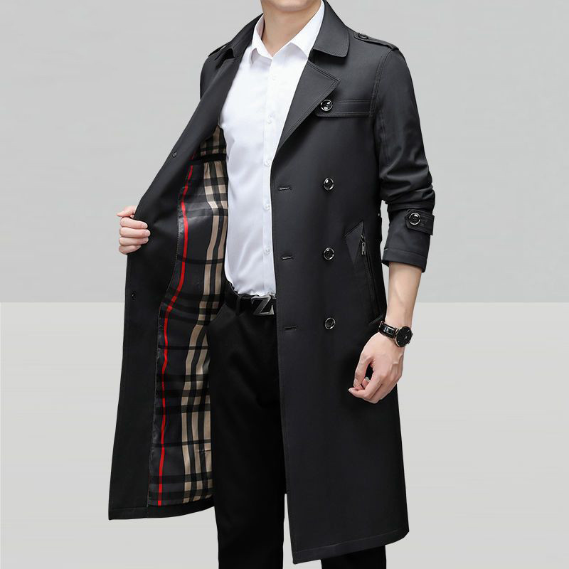 Business Style Men's Mid-Length Trench Coat with Suit Collar, Double-Breasted, Extra-Long Windproof Jacket, British Style with a High-End Feel Business Style Men's Mid-Length Trench Coat with Suit Collar, Double-Breasted, Extra-Long Windproof Jacket, British Style with a High-End Feel