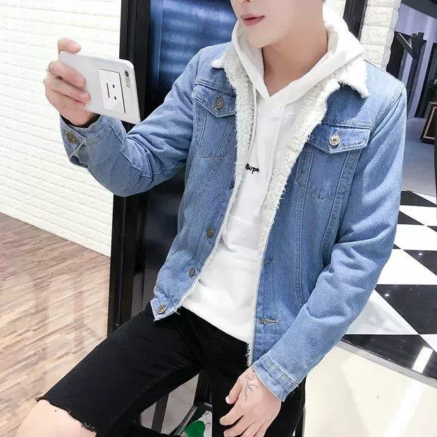 Mùa đông nam cộng với nhung len lông cừu dày denim Hàn Quốc bf Cặp đôi nam mẫu áo khoác cotton ấm trdaZztWGE