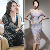 2019 autumn dress seven-quarter sleeve elegant lace V-collar sexy womens waist slim bag hip temperament dress
