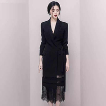2020 Autumn New chic black lady fake two-piece casual fashion lace long blazer women