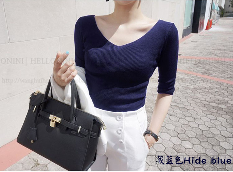 2019 mùa thu mới phía trước và phía sau áo cổ chữ V tay áo len bảy điểm đầu của phụ nữ Slim thời trang áo sơ mi bó sát áo nữ trung niên