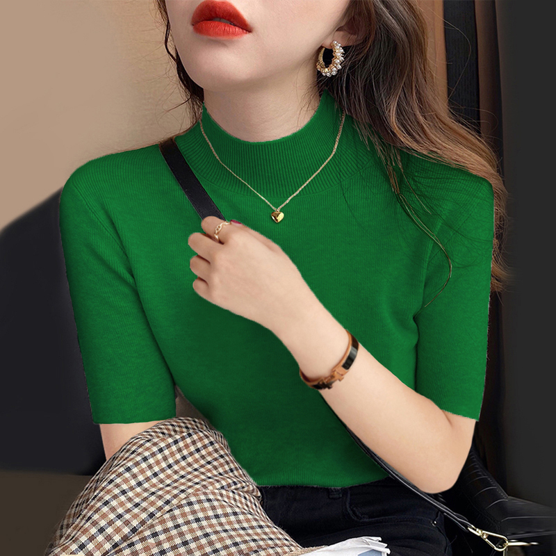 Green Half-High Collar Mid-Sleeve Knitted Base Shirt for Women, 2026 Spring New Thin and Unique Five-Quarter Sleeve Top Green Half-High Collar Mid-Sleeve Knitted Base Shirt for Women, 2026 Spring New Thin and Unique Five-Quarter Sleeve Top
