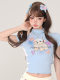 Pure Desire Half Turtle Collar Cartoon Print Short-Sleeved Right Shoulder T-Shirt Women's Summer Sweet and Spicy Y2K Subculture Slim Short Top