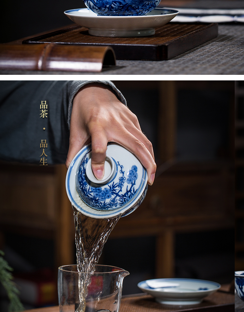 Jingdezhen firewood tureen hand - made ceramic tea set Chinese blue and white only maintain three tureen bowl cups by hand