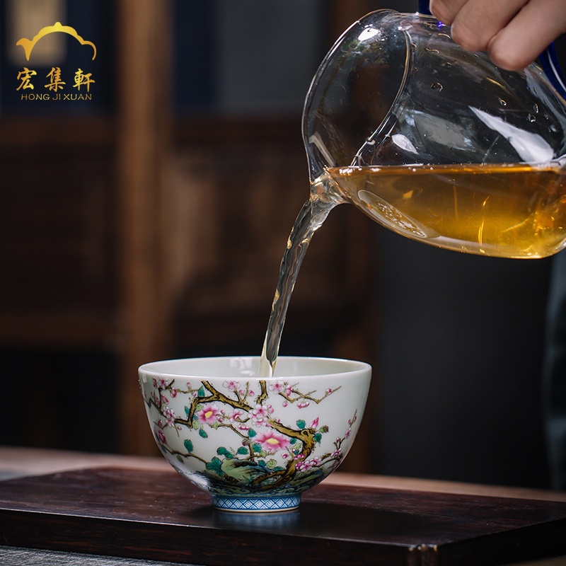 Colored enamel masters cup single jingdezhen checking flower kunfu tea cups small bowl is hand draw archaize sample tea cup