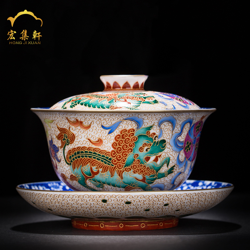 Only three tureen jingdezhen blue and white flower is hand - made ceramic cups all hand lion kirin colored enamel tea bowl