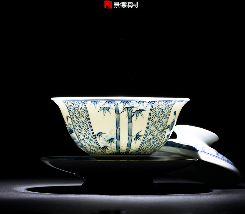 Jingdezhen blue and white tureen bamboo mei hand - made ceramic bowl large tea worship blue three cups heavy industry to use