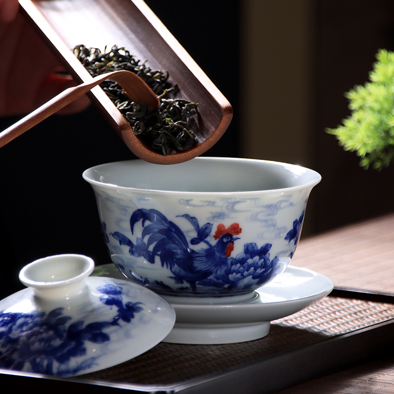 Checking out ceramic only three tureen tea bowl of jingdezhen blue and white youligong rooster tureen hand - made teacup tea set