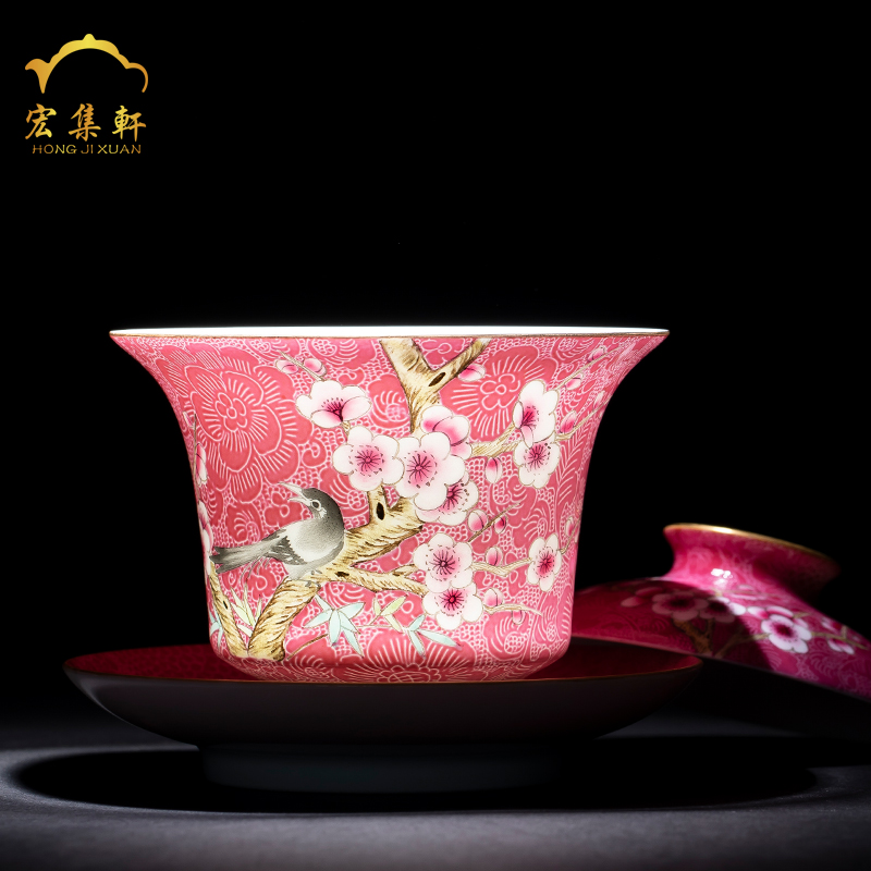 Jingdezhen tea tureen grilled teacups hand - made pastel flowers carmine tureen