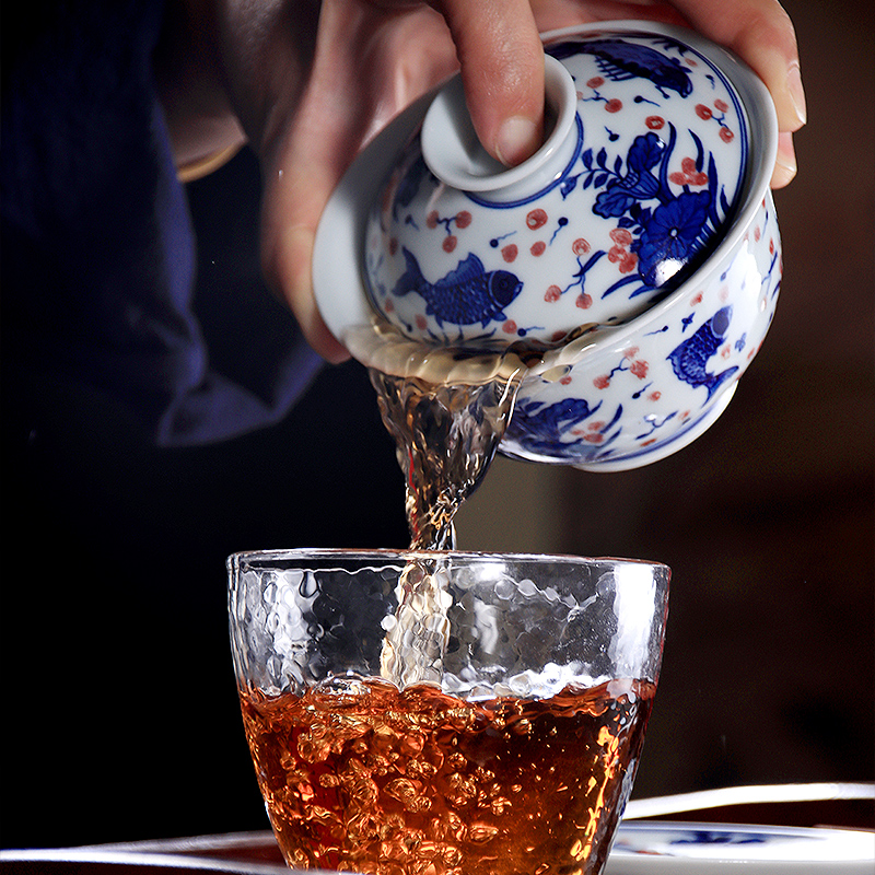 Youligong blue algal tureen fish grain jingdezhen blue and white kunfu tea tureen checking large tea tea bowl