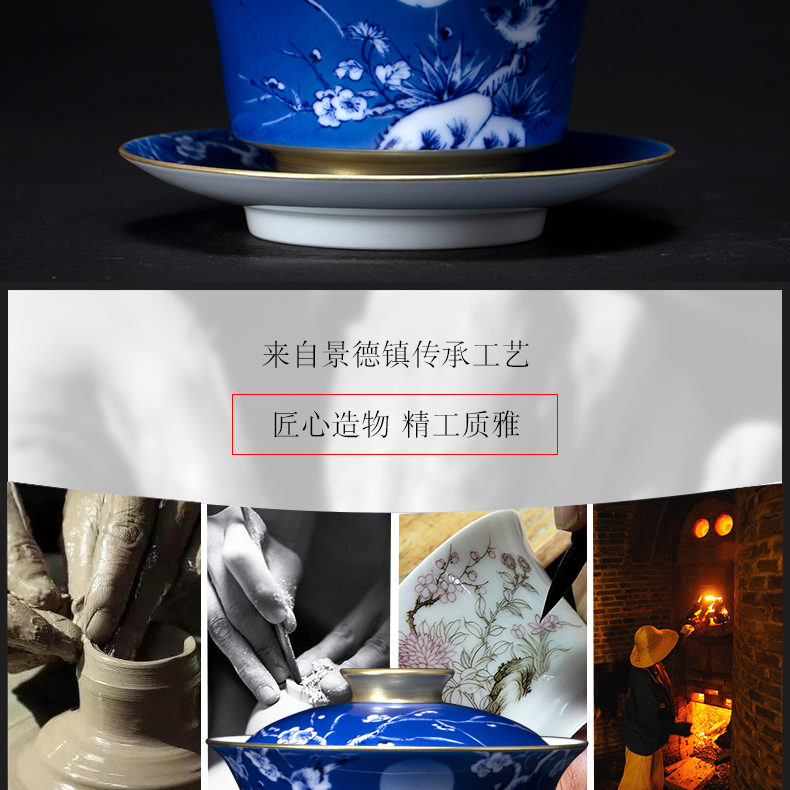 Jingdezhen blue and white painting of flowers and tea tureen hand - made ceramic tea tureen large bowl of kung fu tea set three tureen