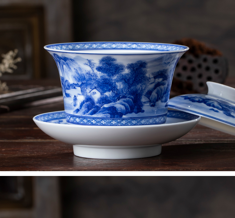 Macro sets hin jingdezhen tureen hand - drawn work full of blue and white landscape three to make tea tureen white porcelain cups in large bowl