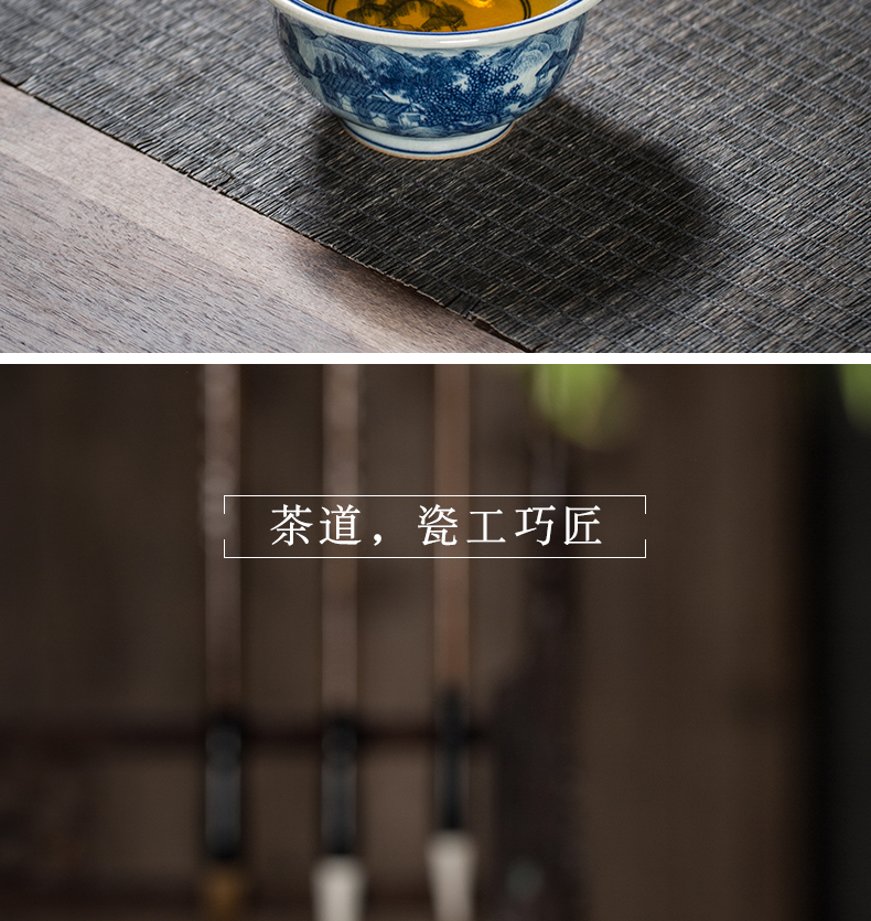 Hand draw archaize yongle blue and white landscape cup triangle flowers pattern circle pressure Hand cup master cup one cup of jingdezhen ceramic kung fu tea cups