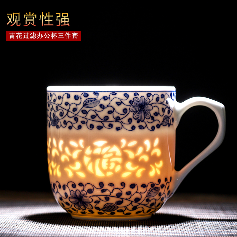 Jingdezhen porcelain hand - made cup pure manual office large capacity filter cover cup tea cup linglong cup under the glaze