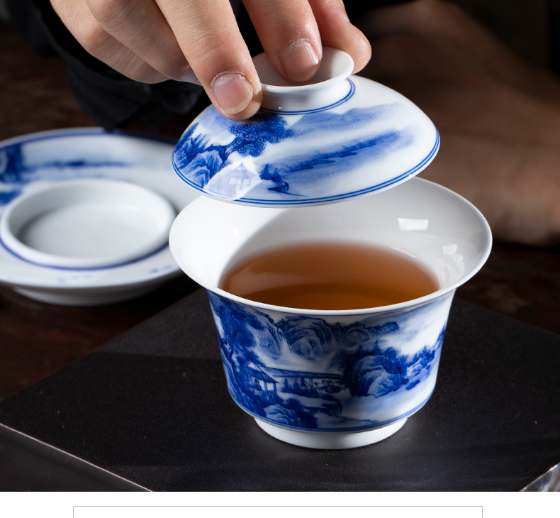 Manual blue - and - white tureen large kung fu tea set hand - made scenery tureen tea bowl three tureen jingdezhen tea cups