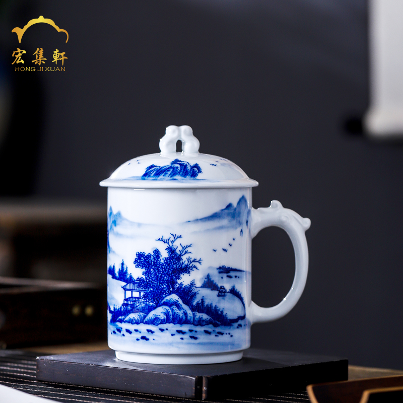 Jingdezhen porcelain teacup tea cup office take cover hand - made scenery male large capacity high water cup