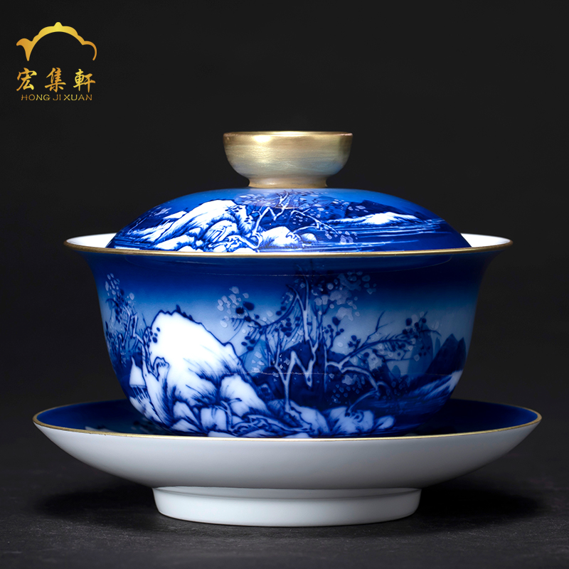 Jingdezhen blue and white landscape tureen tea kungfu tea tureen hand - made large bowl tea bowl of snow