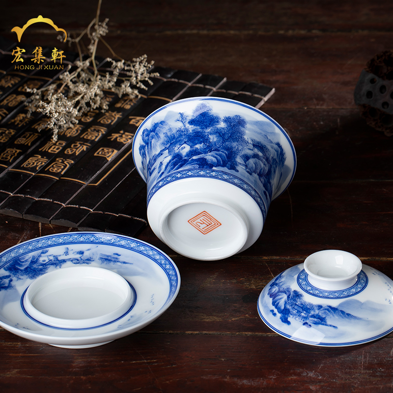 Macro sets hin jingdezhen tureen hand - drawn work full of blue and white landscape three to make tea tureen white porcelain cups in large bowl