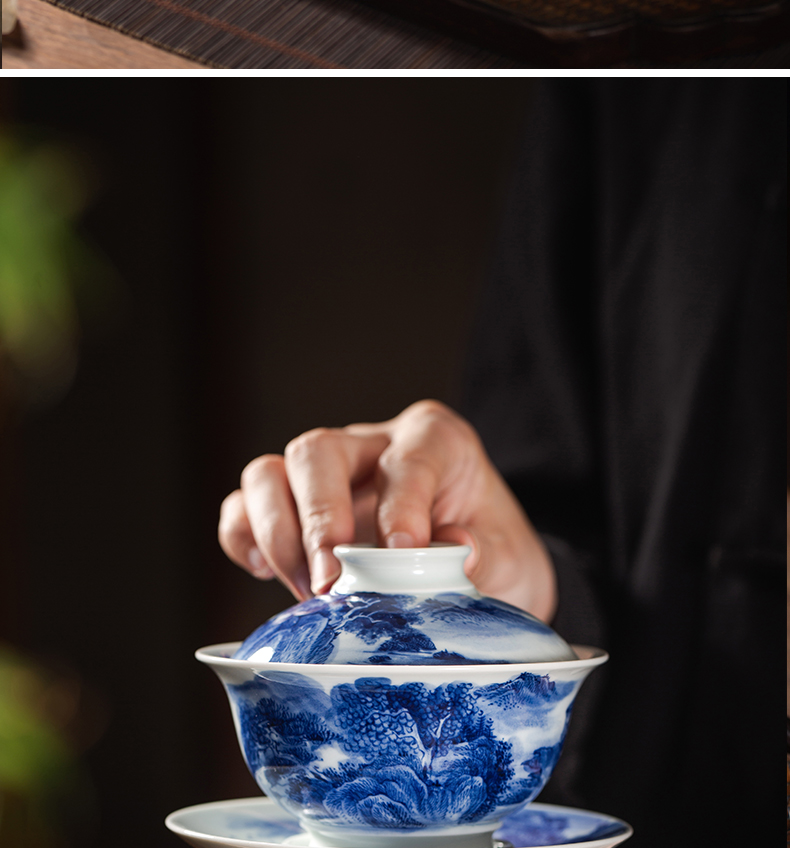 Tureen single hand - made scenery of jingdezhen blue and white only maintain three cup to burn large tea bowl of ceramic tea set