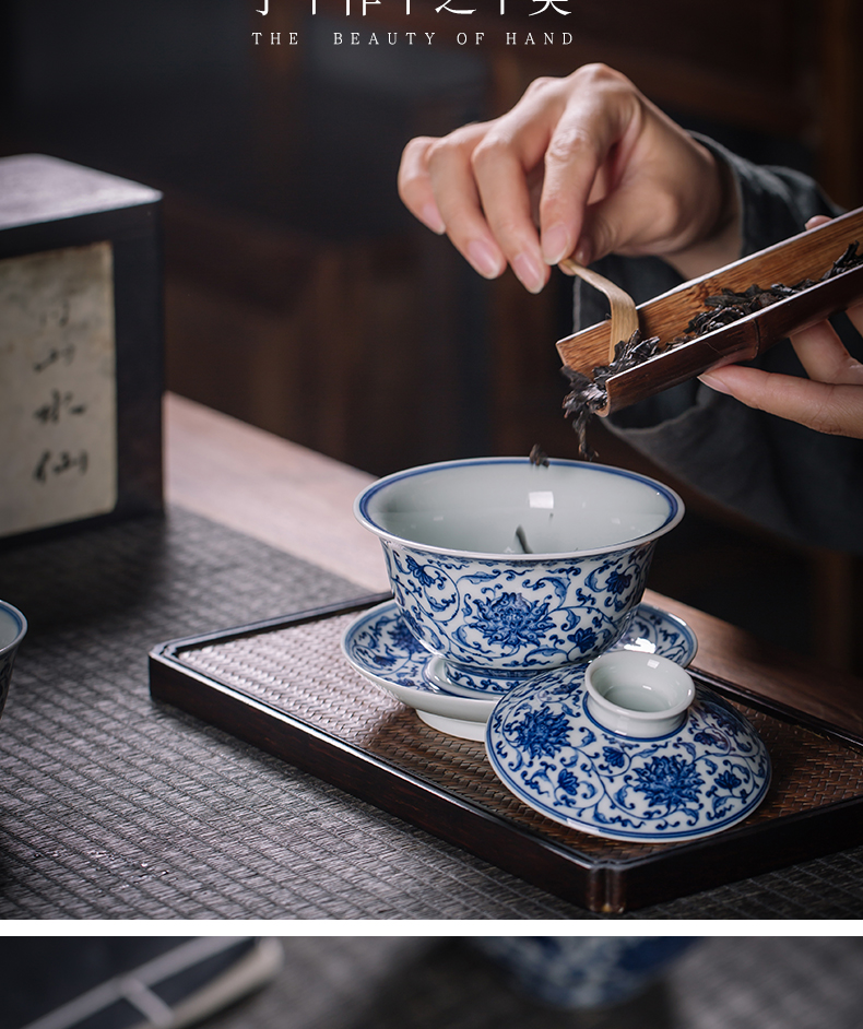 Only three tureen jingdezhen tea set manually ceramic cups hand - made painting of the blue and white lotus flower bowl with single firewood