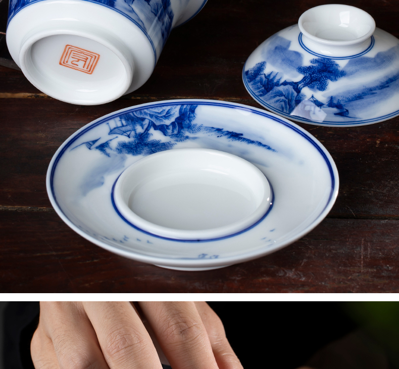 Manual blue - and - white tureen large kung fu tea set hand - made scenery tureen tea bowl three tureen jingdezhen tea cups