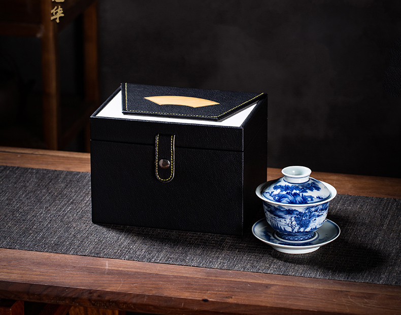 Jingdezhen blue and white hand hand draw landscape tureen maintain master cup of lesser tea bowl three bowls