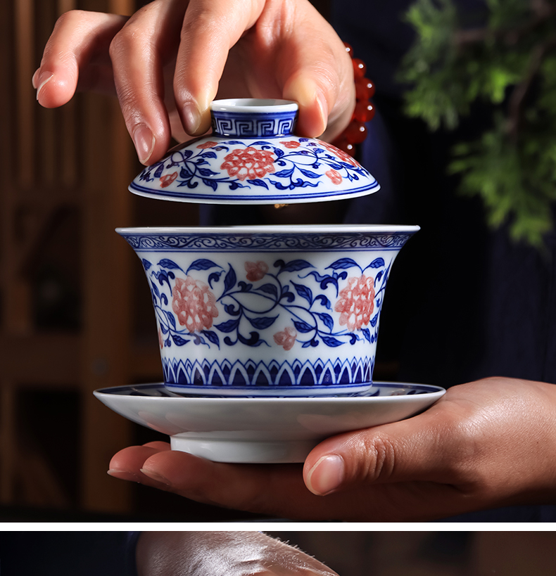 Put the lotus flower blue youligong wsop large tureen household ceramics worship bowl tea, hand - made kung fu tea set