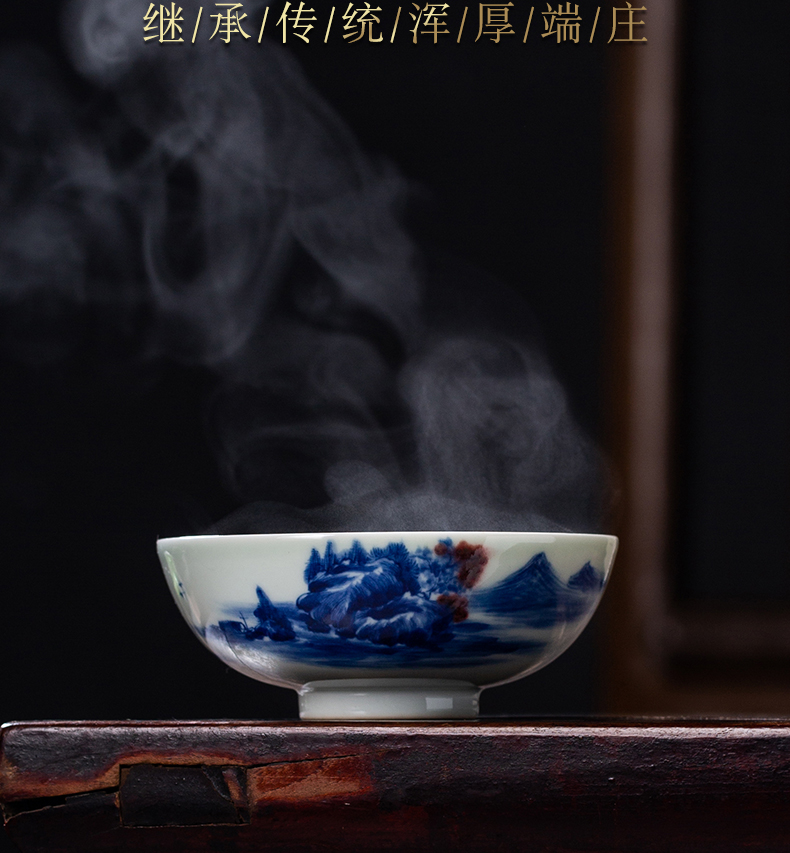 Blue and white tea youligong landscape, jingdezhen ceramic masters cup single CPU kung fu tea cups sample tea cup tea cup