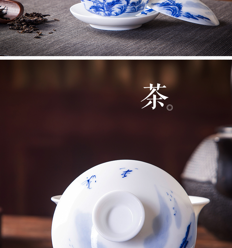 Jingdezhen ceramic tea set tea tureen teacups hand - made scenery of blue and white porcelain bowl only three cups of tubas pot