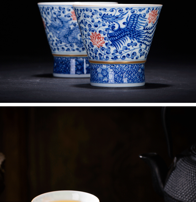 Kung fu tea cups of jingdezhen ceramic cup hand - made porcelain longfeng hat to master cup single cup pure manual small tea cups