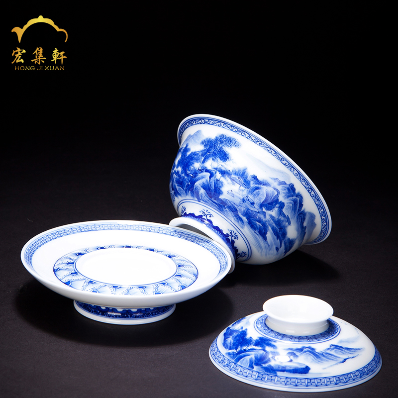 Jingdezhen ceramics tureen hand - made under the blue and white glaze porcelain cups landscape high tea bowl three tureen tea cups