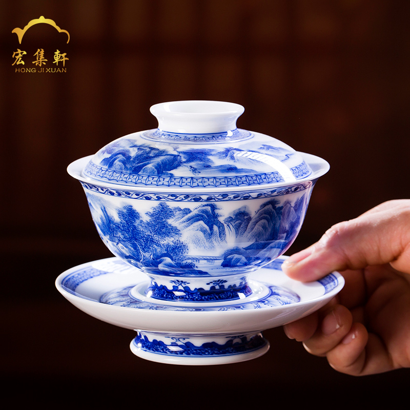 Jingdezhen ceramics tureen hand - made under the blue and white glaze porcelain cups landscape high tea bowl three tureen tea cups