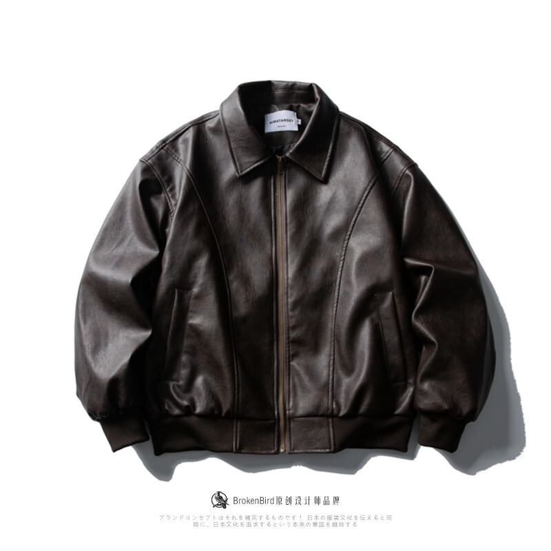 American Retro Harrington Lapel Pu Leather Jacket Trendy Brand Unisex Loose Fit Biker Cleanfit Short Coat