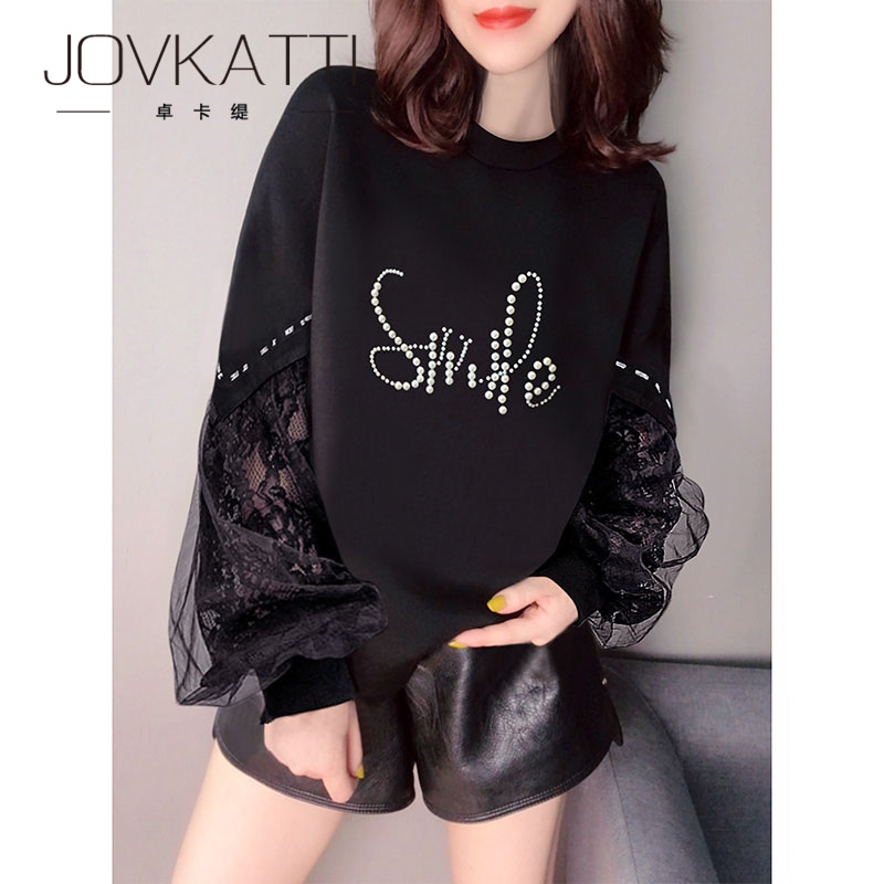 JOVKATTI fashion casual style age-reducing design sense black lace splicing top loose capless embroidery sweater