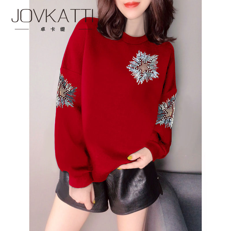 JOVKATTI Sports Casual Red New 100 Hitch Blouse Round Collar Loose Sleeve Head Long Sleeve Atmosphere Senswear Woman 