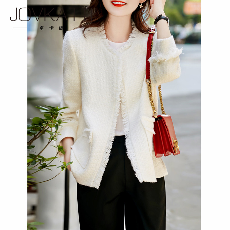 JOVKATTI light luxury celebrity style white wool tweed jacket women's 2022 early autumn new temperament tassel pocket
