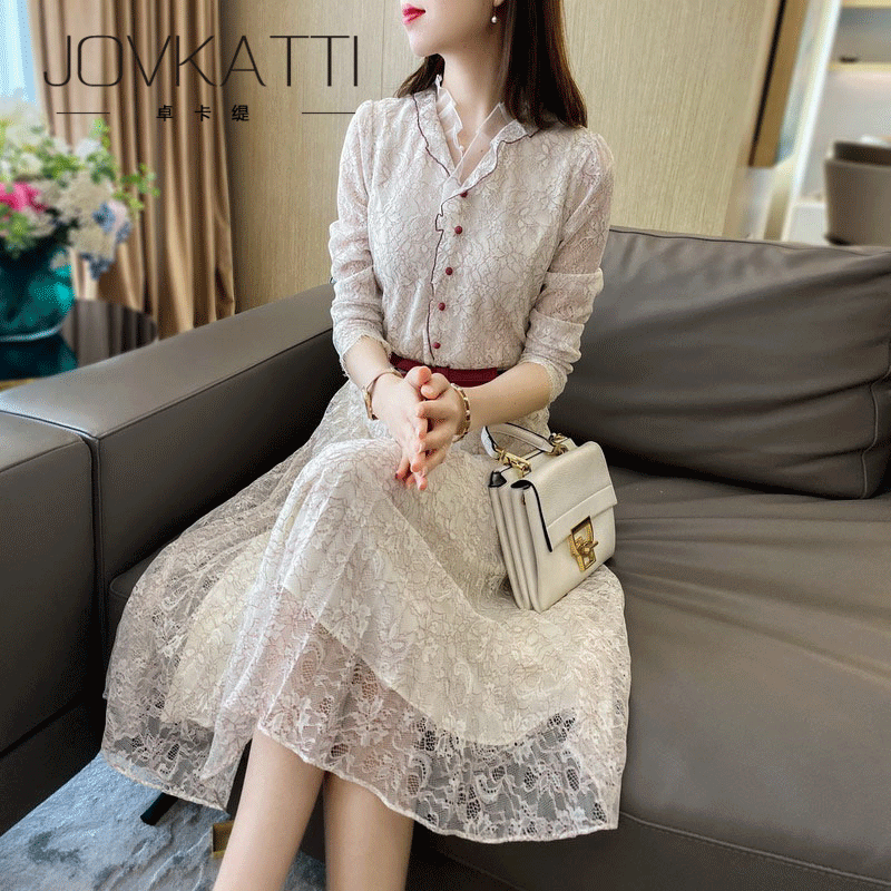 Japanese light luxury high-end ladylike design sense niche lace dress ruffled collar pleated temperament fairy skirt